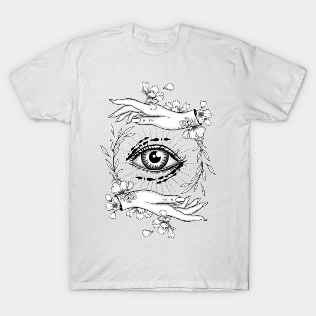 Third eye mystical symbol with woman hands and cute flowers. T-Shirt by ilhnklv